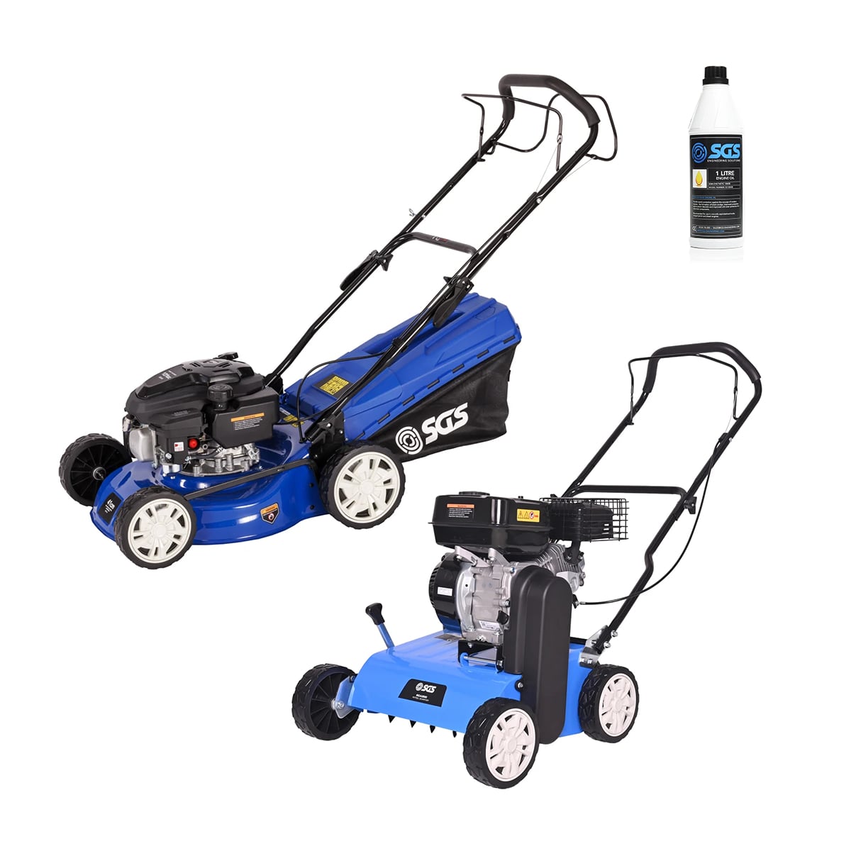 SGS Lawn Care Bundle, 41cm Petrol Lawnmower, SGS Petrol Scarifier and Engine Oil